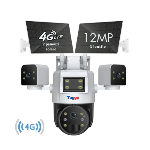 Camera de Supraveghere, Crocodil, Solara 4G, Inteligenta cu 3 Lentile Rotative, Viziune Nocturna Color si Infrarosu, Urmarire Automata si Control de la Distanta