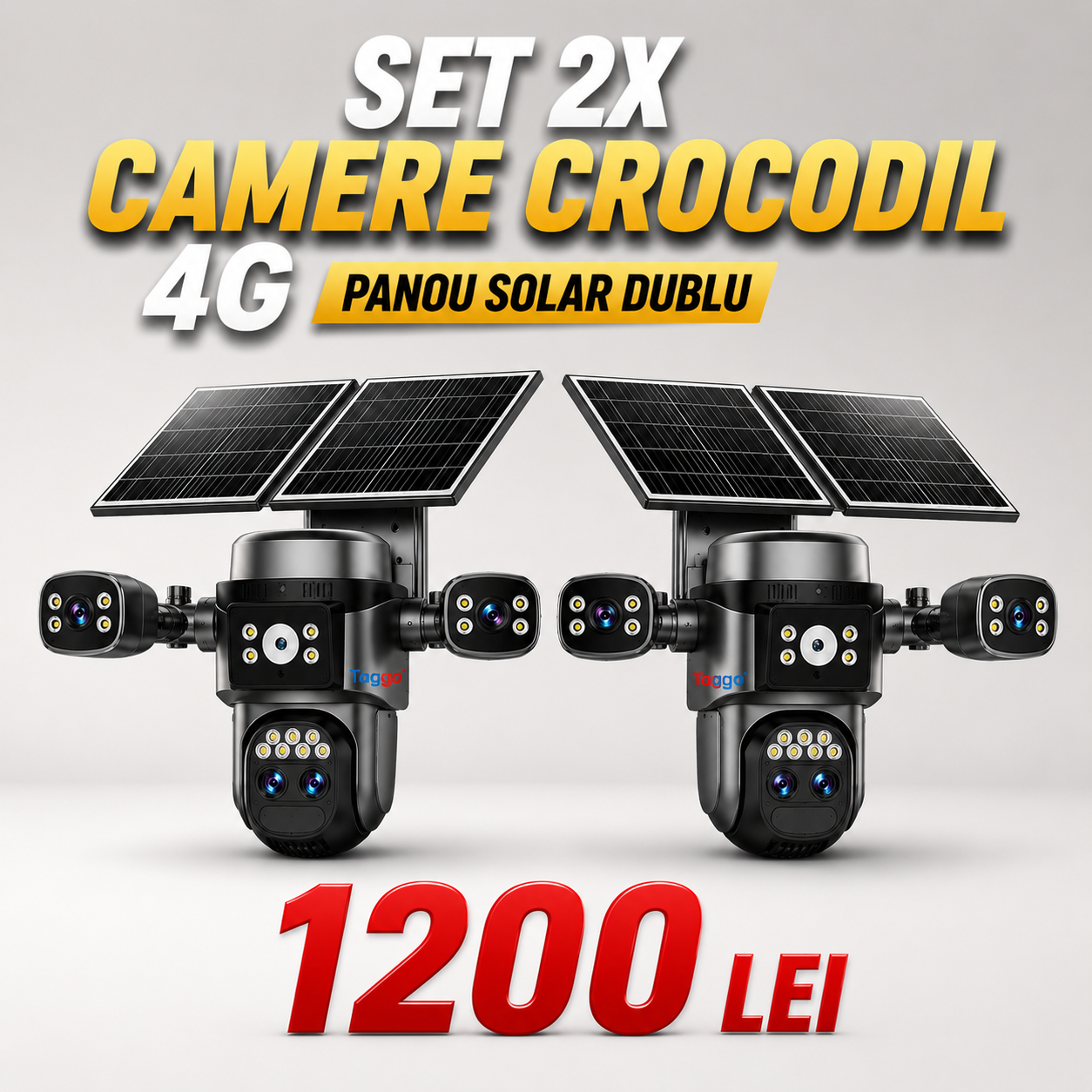 Set 2x Camere Crocodil, Panou Solar Dublu, 4G, Zoom 10x, AOV