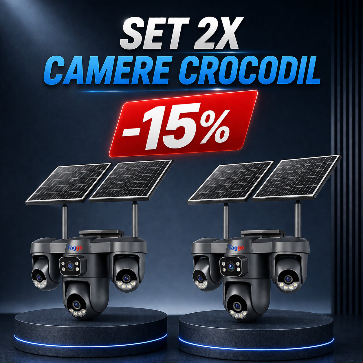 Pachet 2x Camere Supraveghere Crocodil, Panou Solar Dublu, 4G, 4