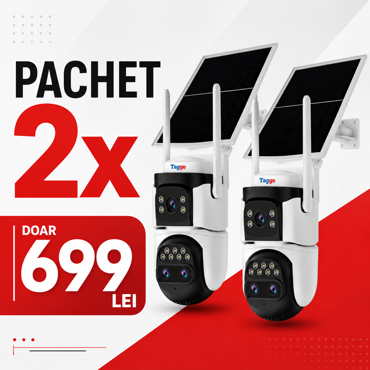 Set 2x Camere Supraveghere Solare, 4G, 12MP, Zoom 10x, 3 lentile