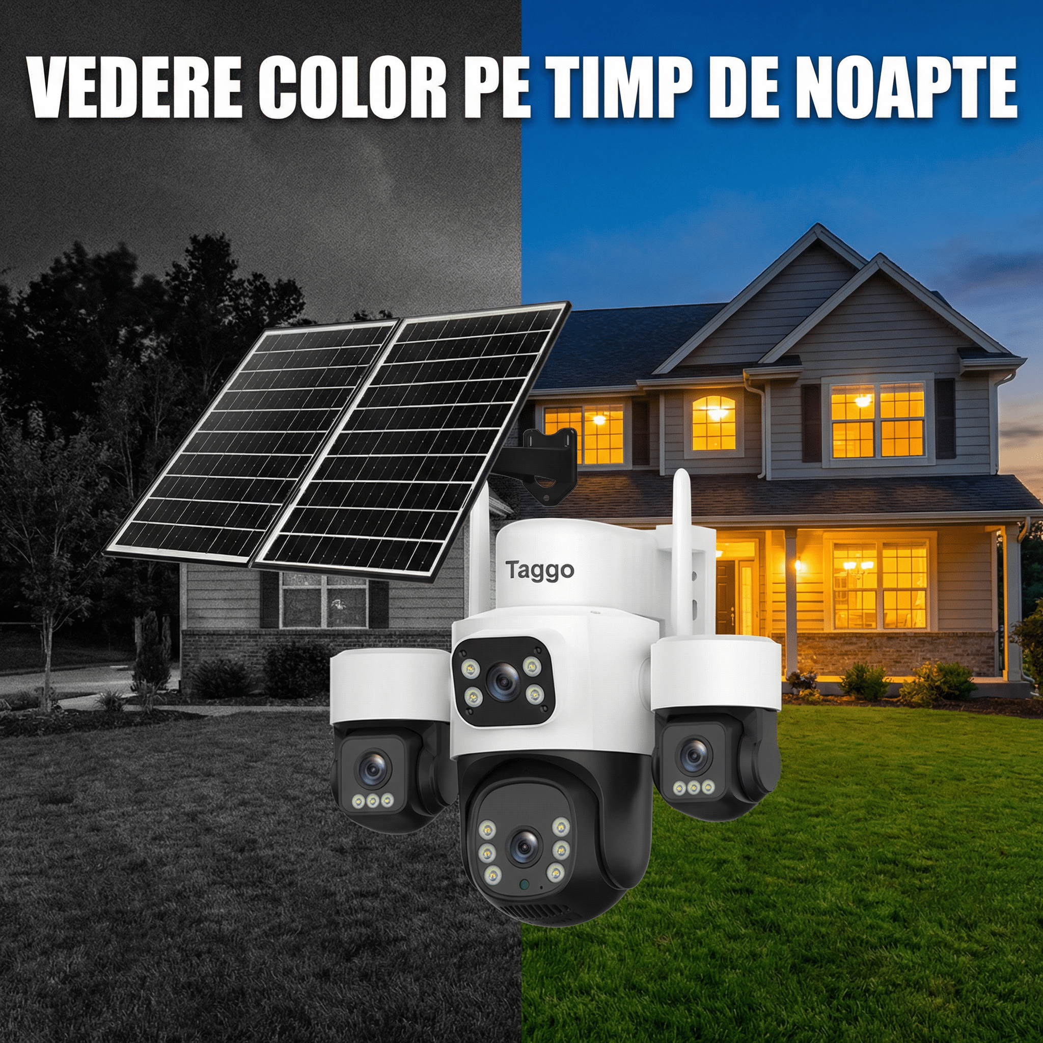Camera de Supraveghere Taggo Pro Q50 cu 4 Lentile, 16MP, Dublu Panou Solar 20W, Conexiune 4G si eSIM, Control Aplicatie, Viziune Color si IR, Comunicare Bidirectionala, Protectie IP66 - Taggo.ro