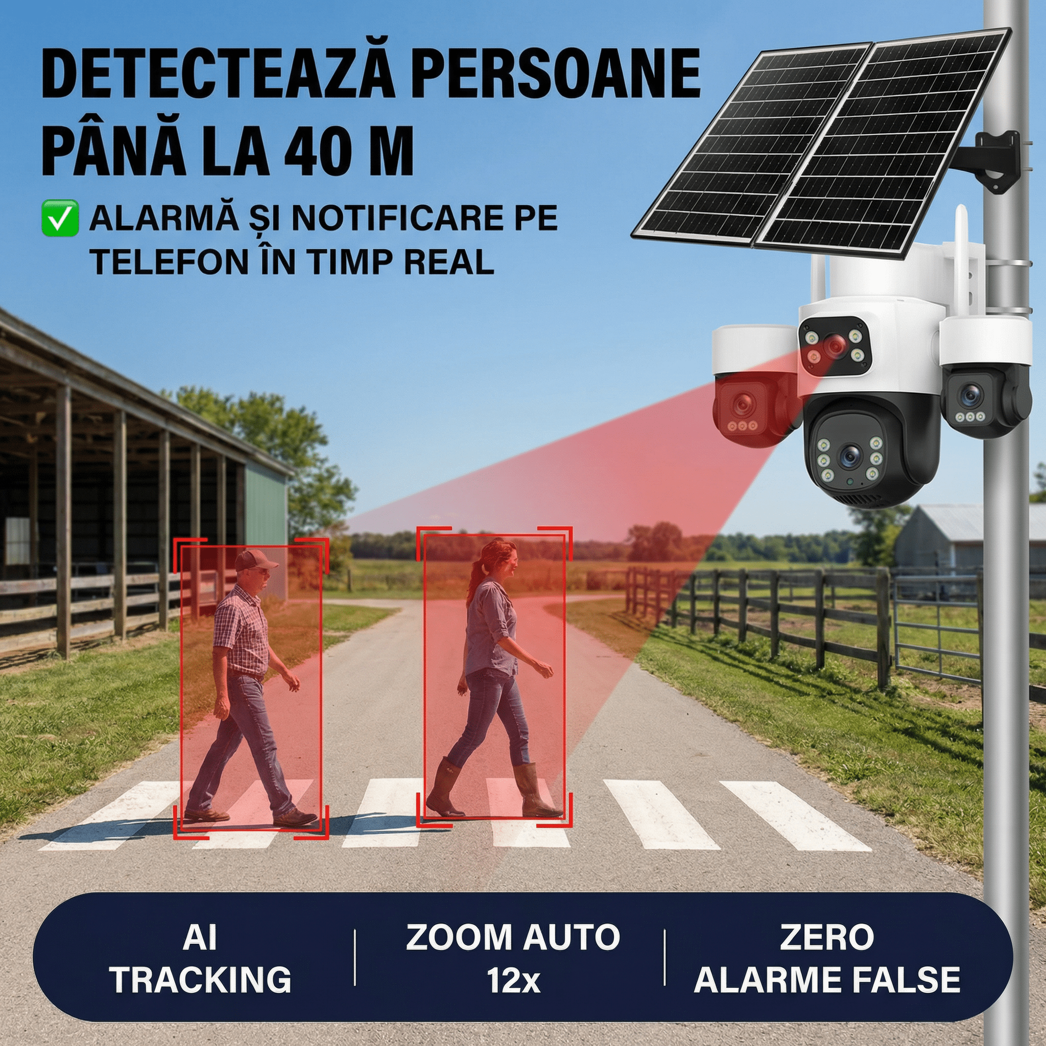 Camera de Supraveghere Taggo Pro Q50 cu 4 Lentile, 16MP, Dublu Panou Solar 20W, Conexiune 4G si eSIM, Control Aplicatie, Viziune Color si IR, Comunicare Bidirectionala, Protectie IP66 - Taggo.ro