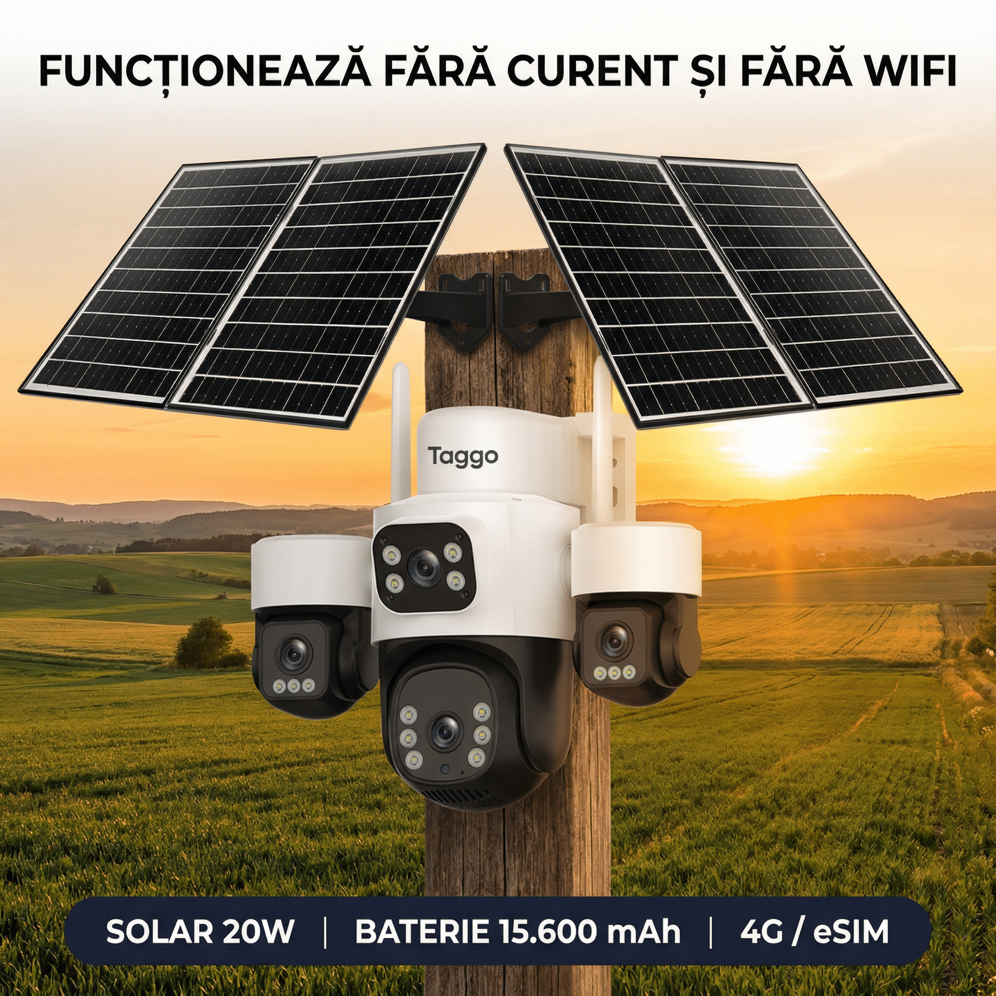Camera de Supraveghere Taggo Pro Q50 cu 4 Lentile, 16MP, Dublu Panou Solar 20W, Conexiune 4G si eSIM, Control Aplicatie, Viziune Color si IR, Comunicare Bidirectionala, Protectie IP66 - Taggo.ro