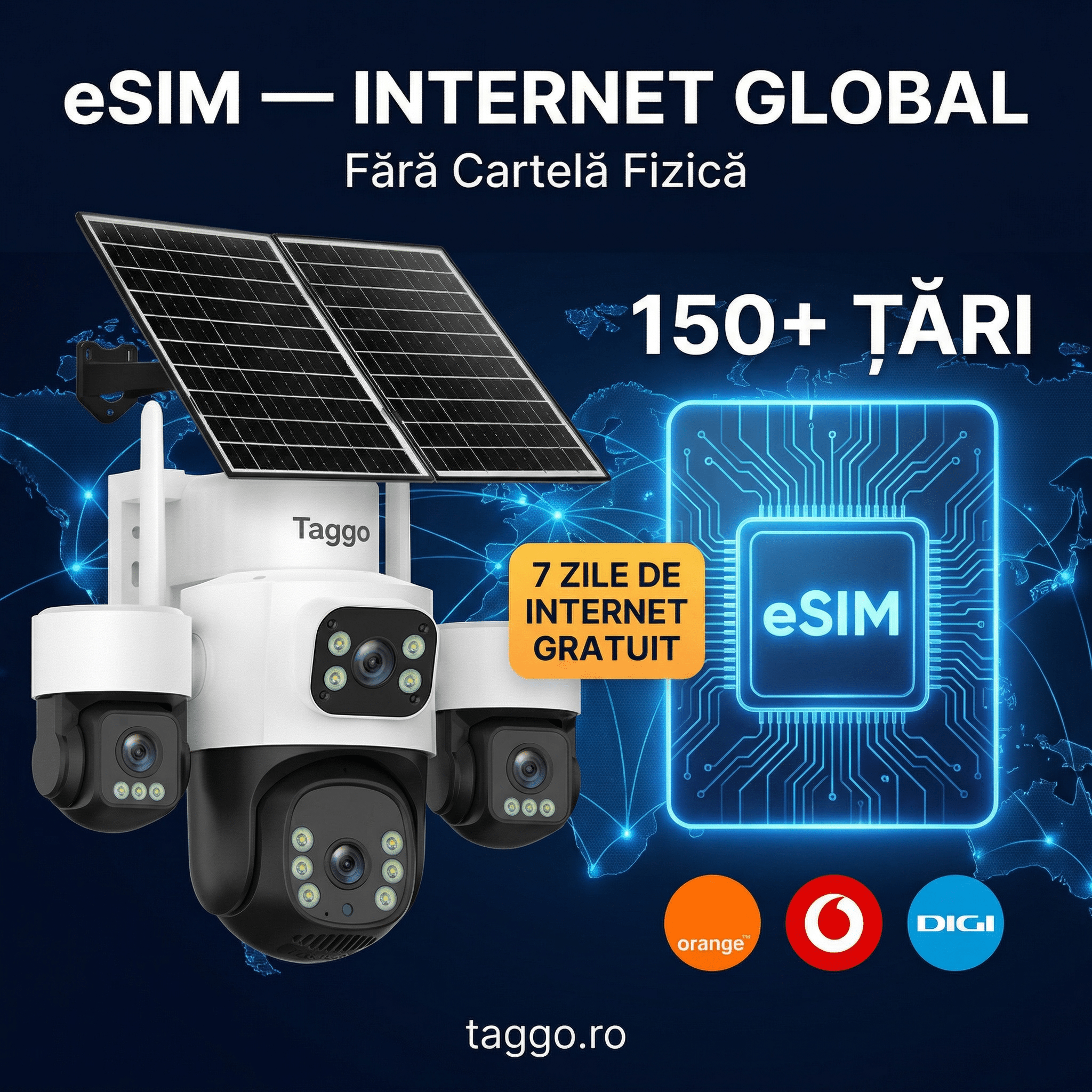 Camera de Supraveghere Taggo Pro Q50 cu 4 Lentile, 16MP, Dublu Panou Solar 20W, Conexiune 4G si eSIM, Control Aplicatie, Viziune Color si IR, Comunicare Bidirectionala, Protectie IP66 - Taggo.ro