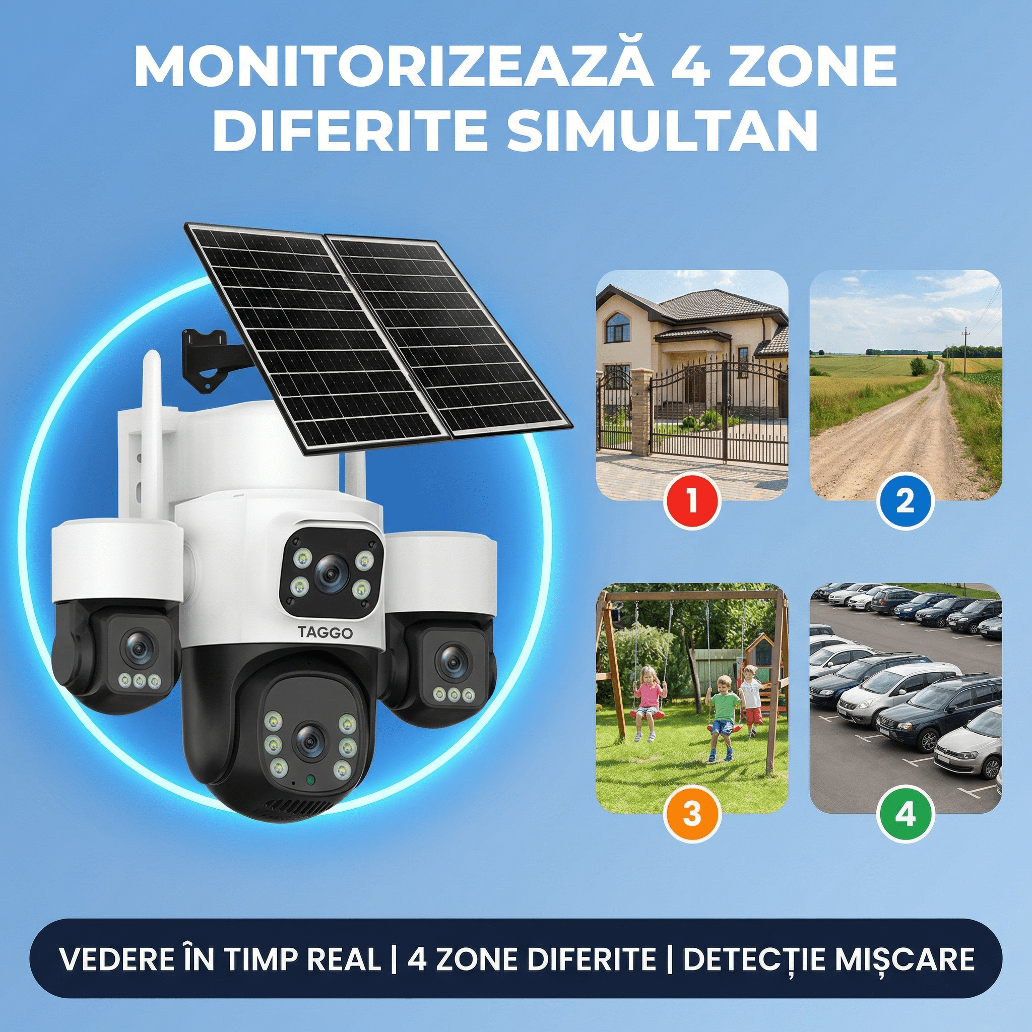 Camera de Supraveghere Taggo Pro Q50 cu 4 Lentile, 16MP, Dublu Panou Solar 20W, Conexiune 4G si eSIM, Control Aplicatie, Viziune Color si IR, Comunicare Bidirectionala, Protectie IP66 - Taggo.ro