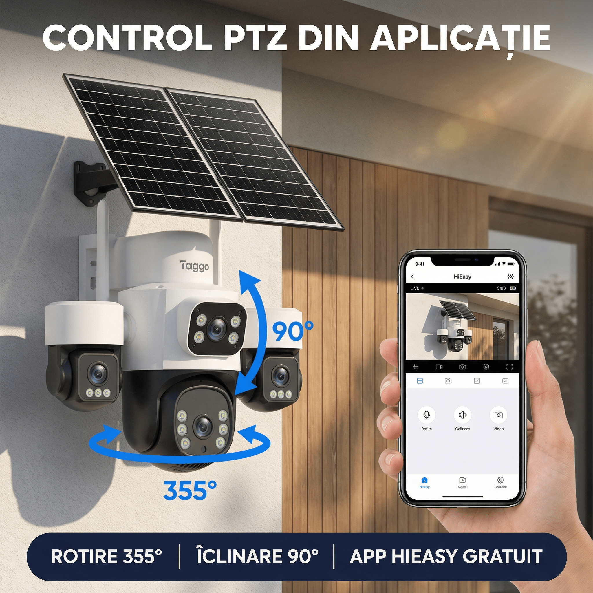 Camera de Supraveghere Taggo Pro Q50 cu 4 Lentile, 16MP, Dublu Panou Solar 20W, Conexiune 4G si eSIM, Control Aplicatie, Viziune Color si IR, Comunicare Bidirectionala, Protectie IP66 - Taggo.ro