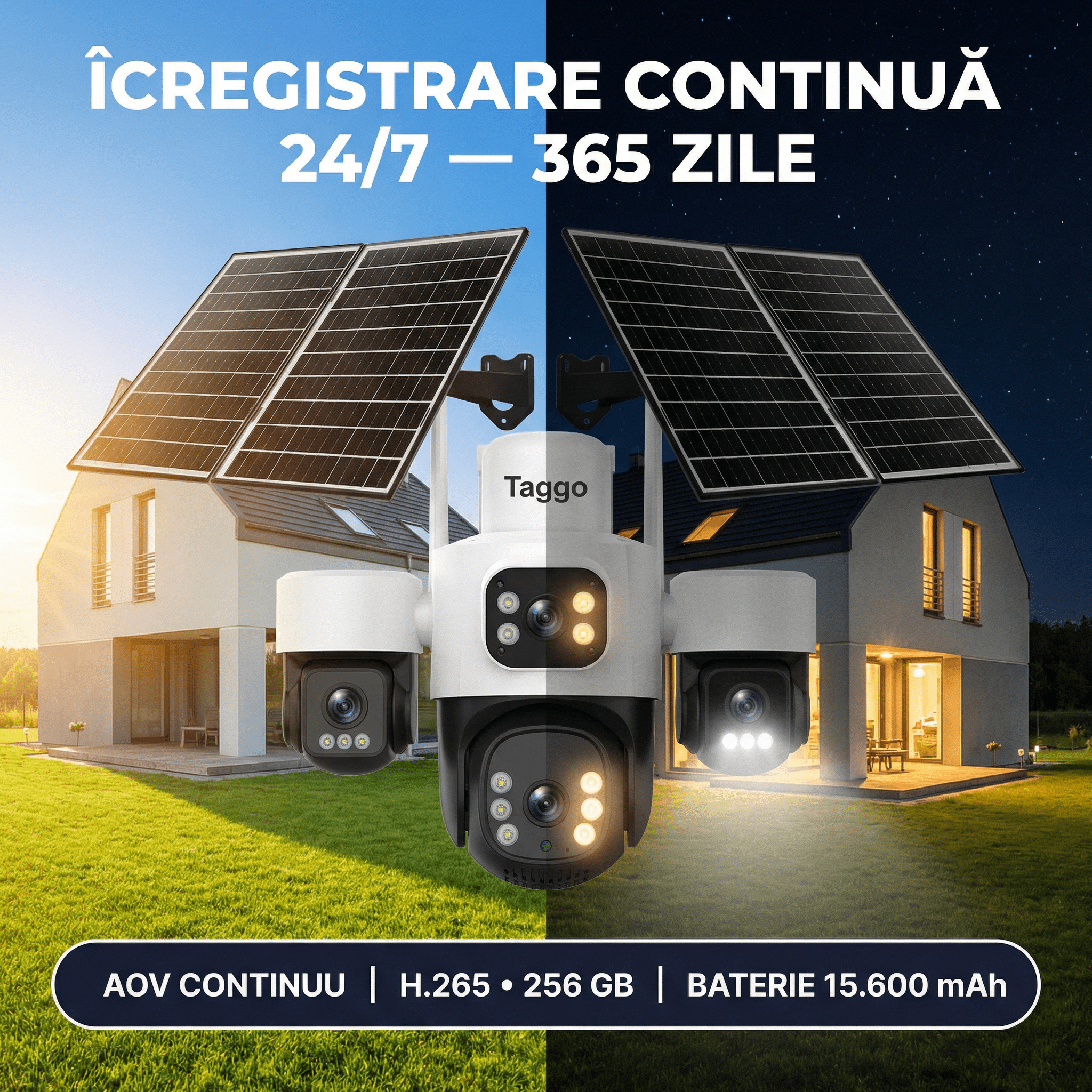 Camera de Supraveghere Taggo Pro Q50 cu 4 Lentile, 16MP, Dublu Panou Solar 20W, Conexiune 4G si eSIM, Control Aplicatie, Viziune Color si IR, Comunicare Bidirectionala, Protectie IP66 - Taggo.ro