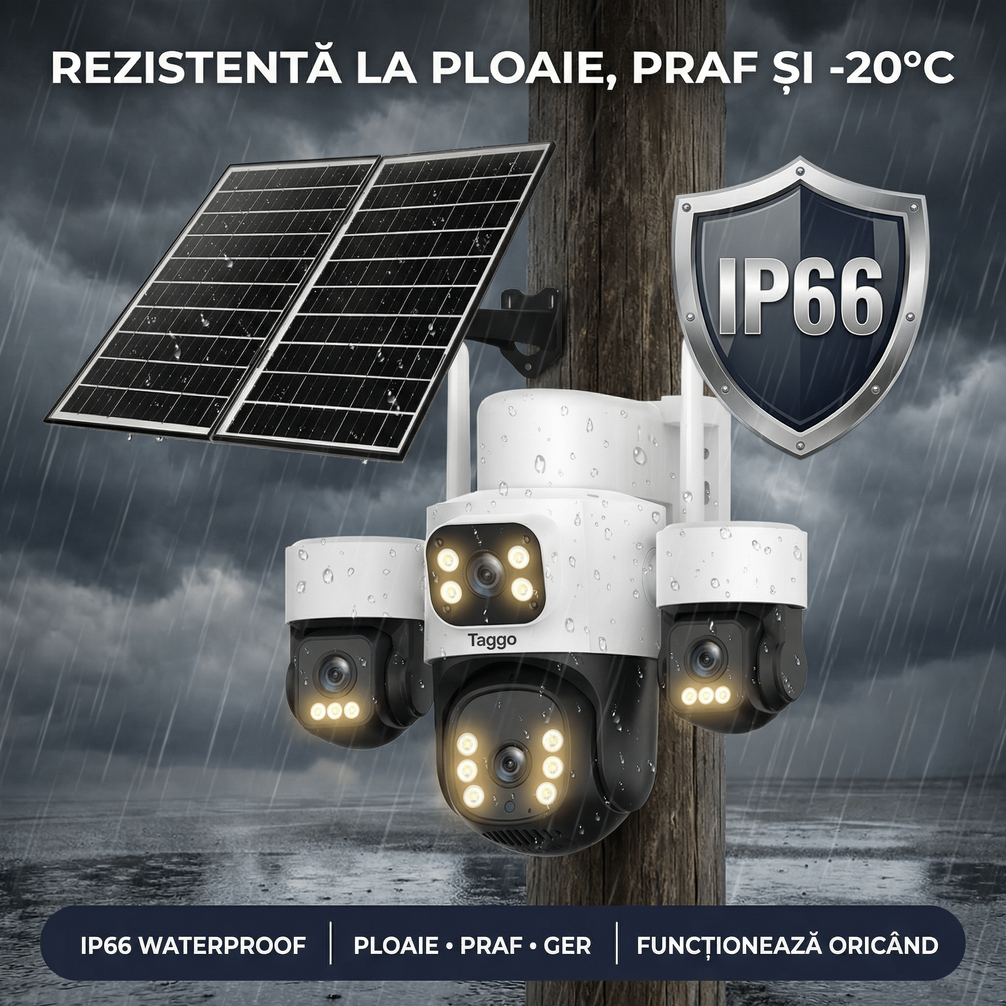 Camera de Supraveghere Taggo Pro Q50 cu 4 Lentile, 16MP, Dublu Panou Solar 20W, Conexiune 4G si eSIM, Control Aplicatie, Viziune Color si IR, Comunicare Bidirectionala, Protectie IP66 - Taggo.ro