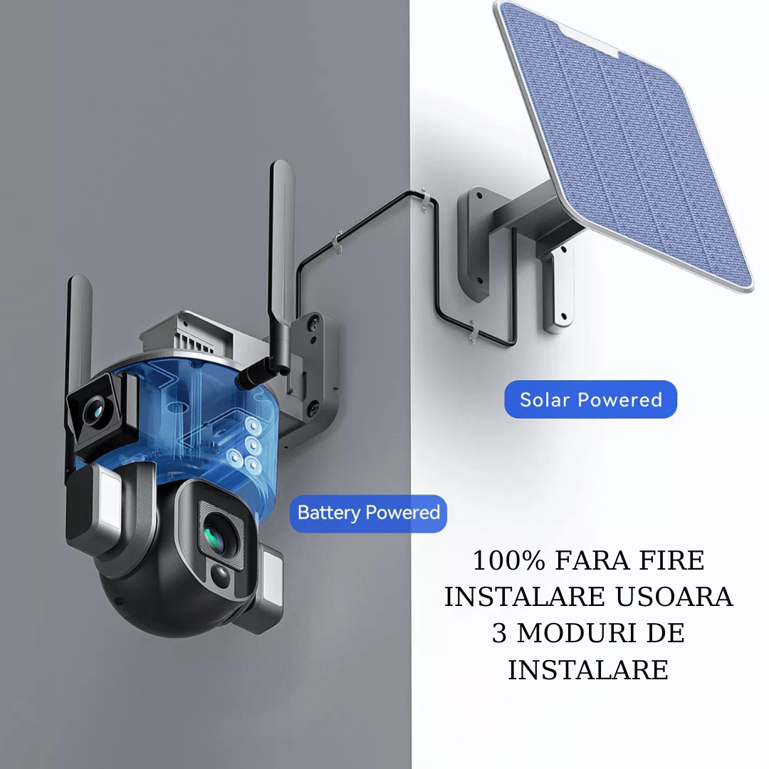 Camera supraveghere wireless exterior 4K Ultra HD, duală, rezistentă la apă IP66, cu alimentare solară și rotire din aplicație.