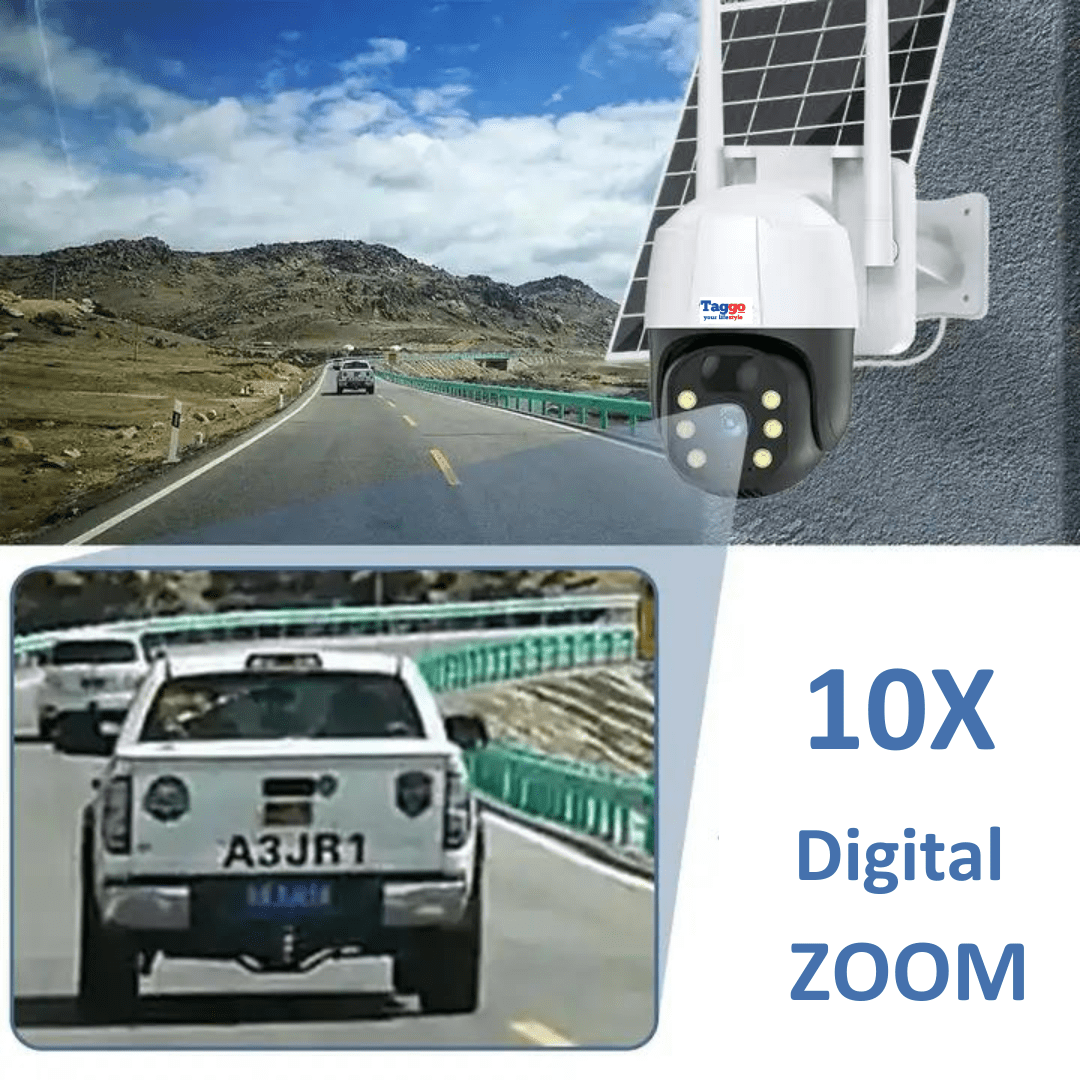 Camera de supraveghere exterior solară Taggo cu zoom 10X, rezistent la apă IP66, înregistrare Full HD și panou solar de 10W