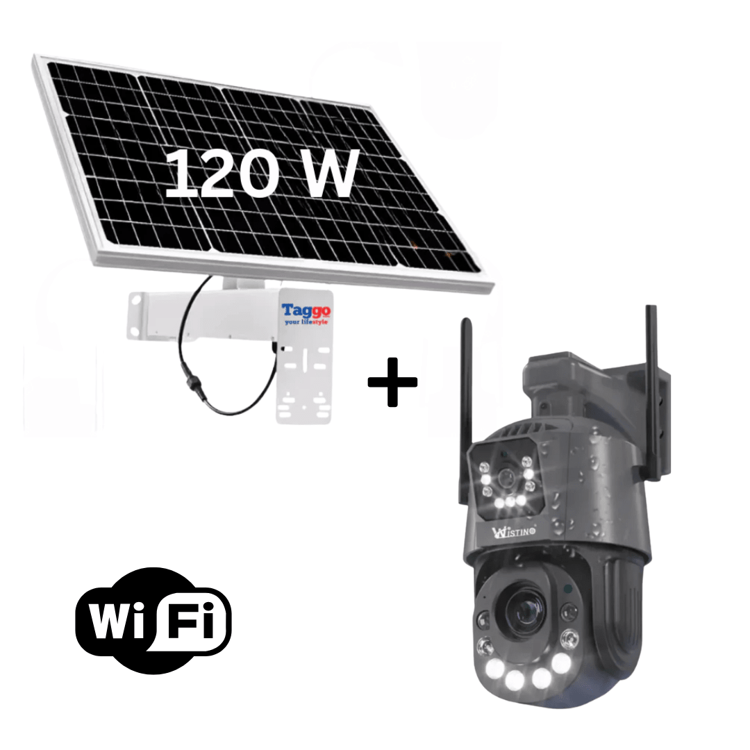Camera de supraveghere Fast Bundle cu panou solar, rezoluție 6K Ultra HD, zoom optic 100X și lentile duale.