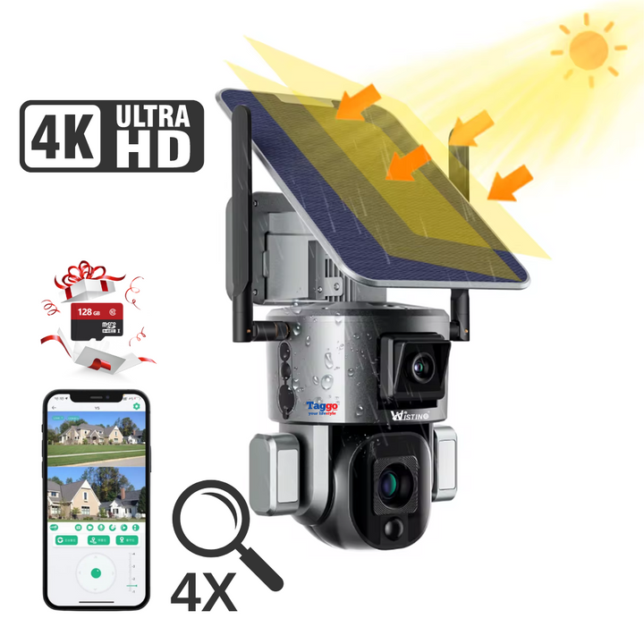 Camera Video Supraveghere Wireless 4K Ultra HD, Dual Camera 4MP+4MP, 4X Optical ZOOM, Incarcare Solara, Rotire Din Aplicatie, Rezistenta La Apa IP 66 - Taggo.ro