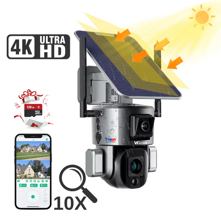 Camera Supraveghere Exterior Wireless 4K Ultra HD, Dual Camera 4MP+4MP, 10X Optical ZOOM, Incarcare Solara, Rotire Din Aplicatie, Rezistenta La Apa IP 66, Card Memorie 128 GB - Taggo.ro