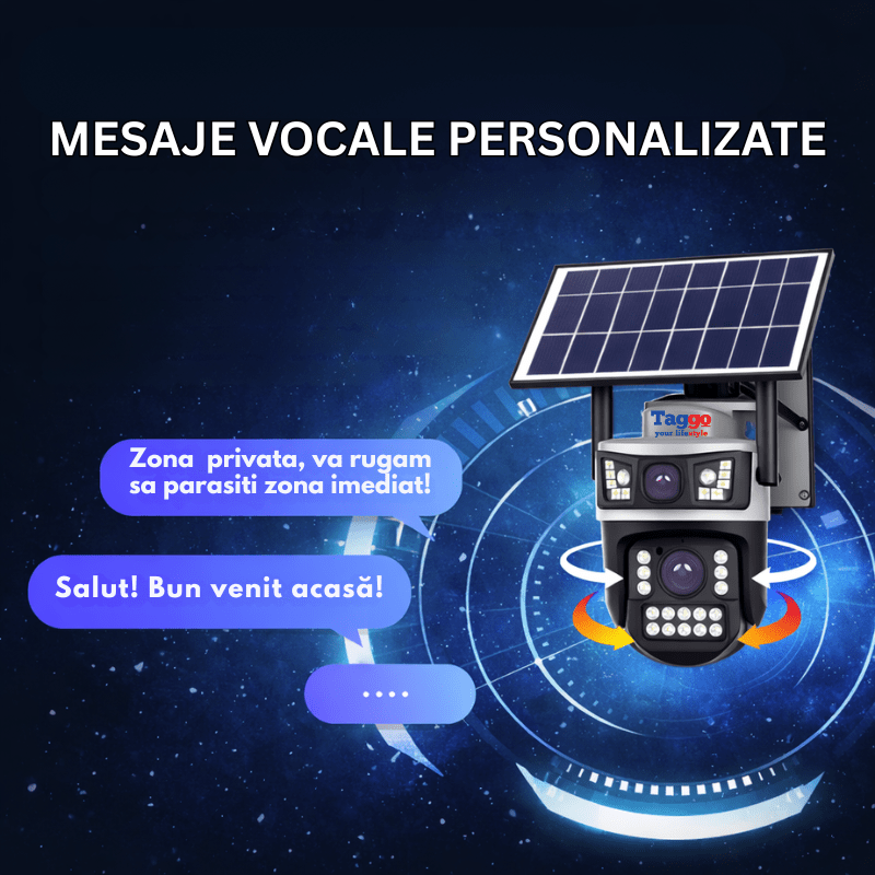 Camera Supraveghere cu Panou Solar AOV pentru exterior 2 lentile, conexiune 4G, Rezolutie 4K 8MP, Full Color Noaptea, Alb - Taggo.ro