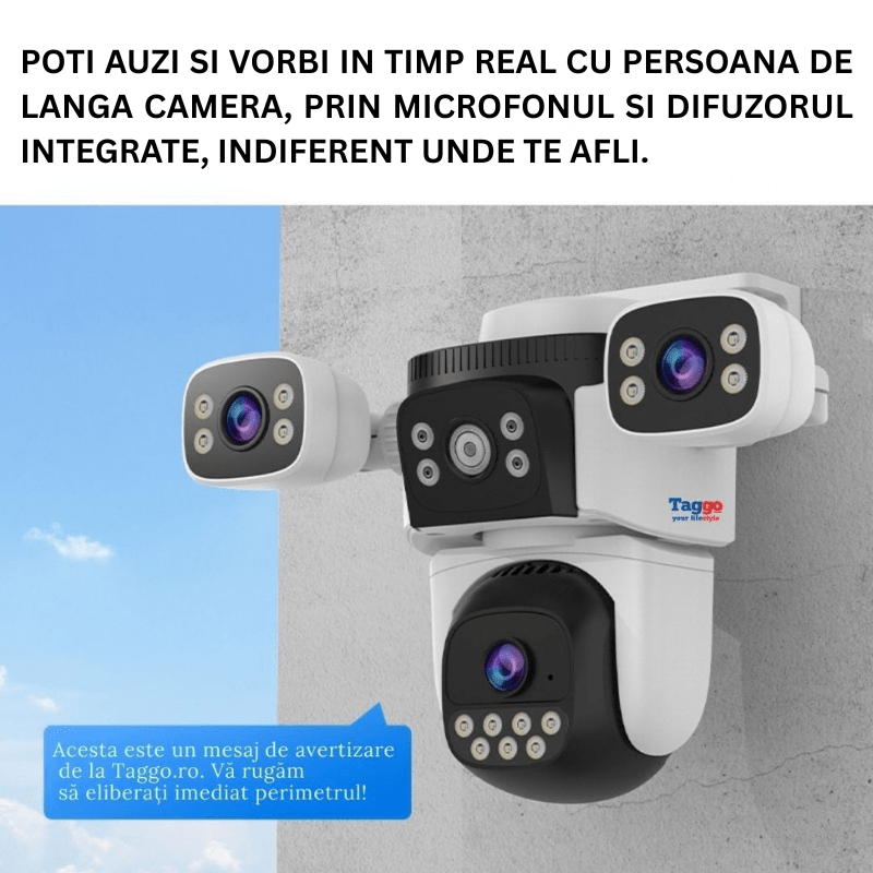 Camera de supraveghere WIFI 4K Taggo cu 9MP, 3 lentile, control app, comunicare bidirecțional și protecție IP66.