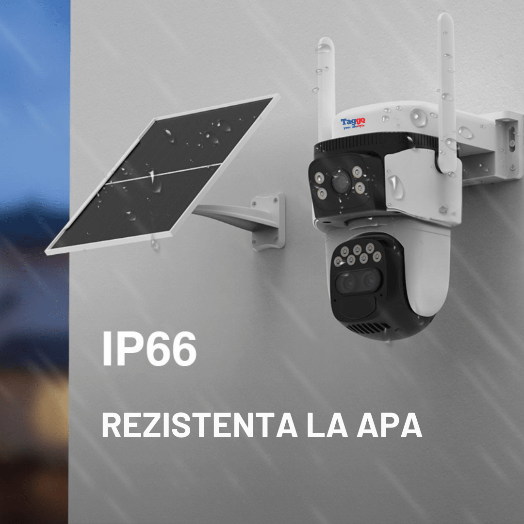 Camere de supraveghere Taggo.ro cu panou solar, 12MP, PTZ 360°, lentile 3, zoom 10X, rezistentă la apă și detectare umană.