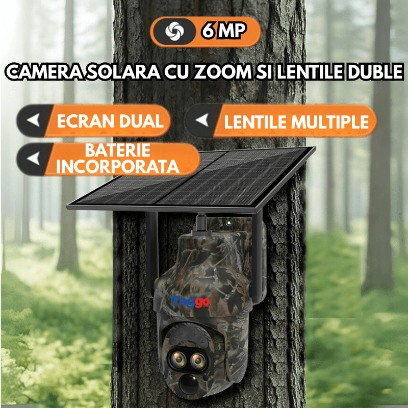 Camera de vânătoare camouflage Taggo.ro cu rezoluție 6MP, zoom 12X, conectivitate 4G, IP66, audio bidirecțional și control din aplicație.
