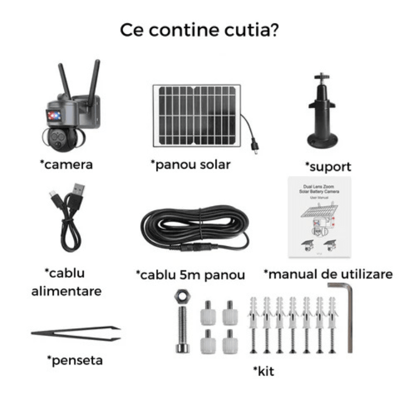Camera supraveghere 4G 4K HD cu lentile duale, zoom 12x, încărcare solară, rotire din aplicație, rezistentă la apă IP66.