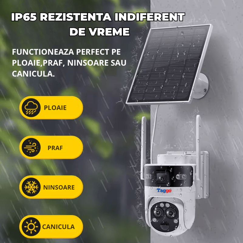Camera de supraveghere Taggo cu conexiune 4G, rezoluție 6MP, zoom 15X, incarcare solară, vedere nocturnă și 3 lentile pentru exterior.
