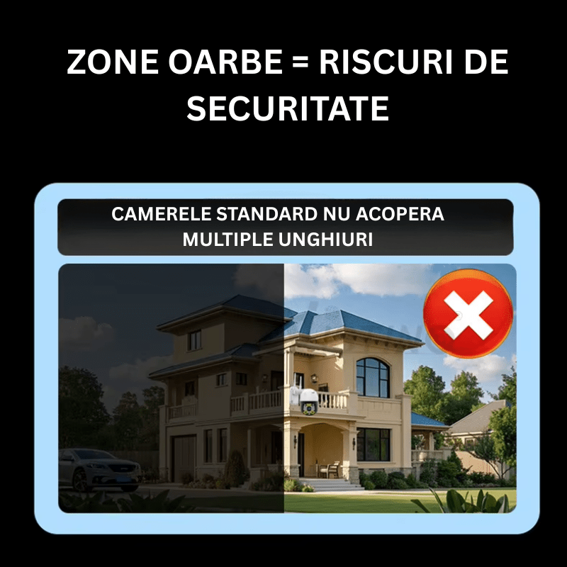 Camera de supraveghere WiFi 8K Taggo cu 4 lentile PTZ, control prin aplicație, detectie mișcări, alarmă sonoră și rezistență IP66.