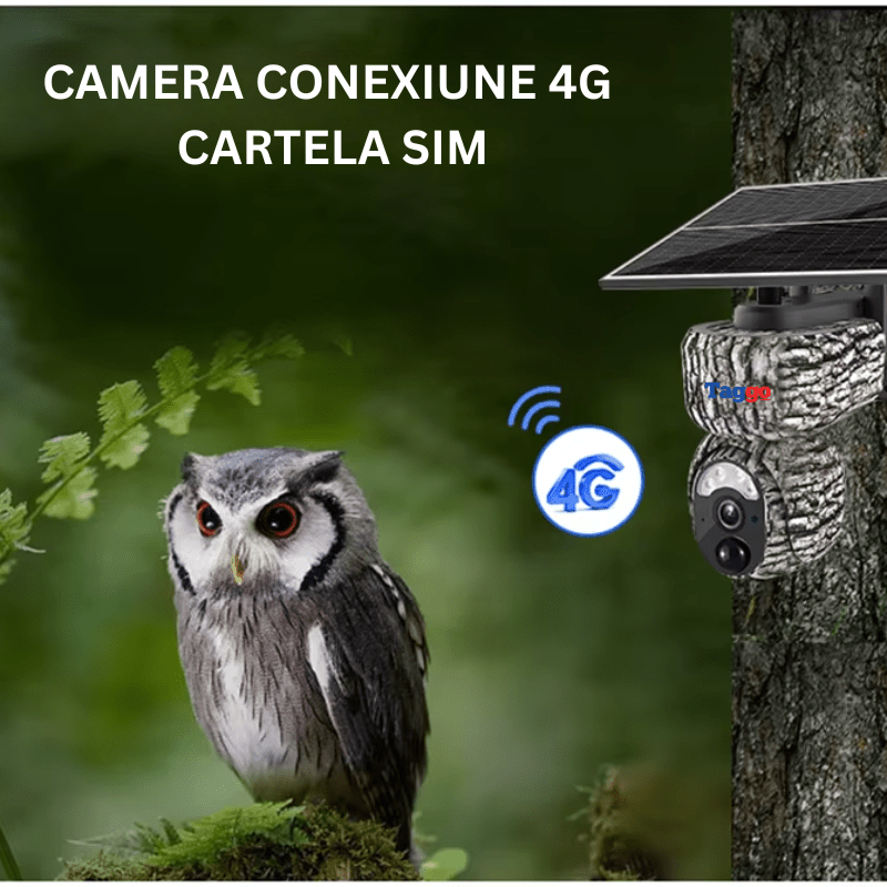 Camera de vânătoare Taggo 4MP cu conexiune 4G, GPS, detectare animale și alarmă pentru supraveghere în natură.
