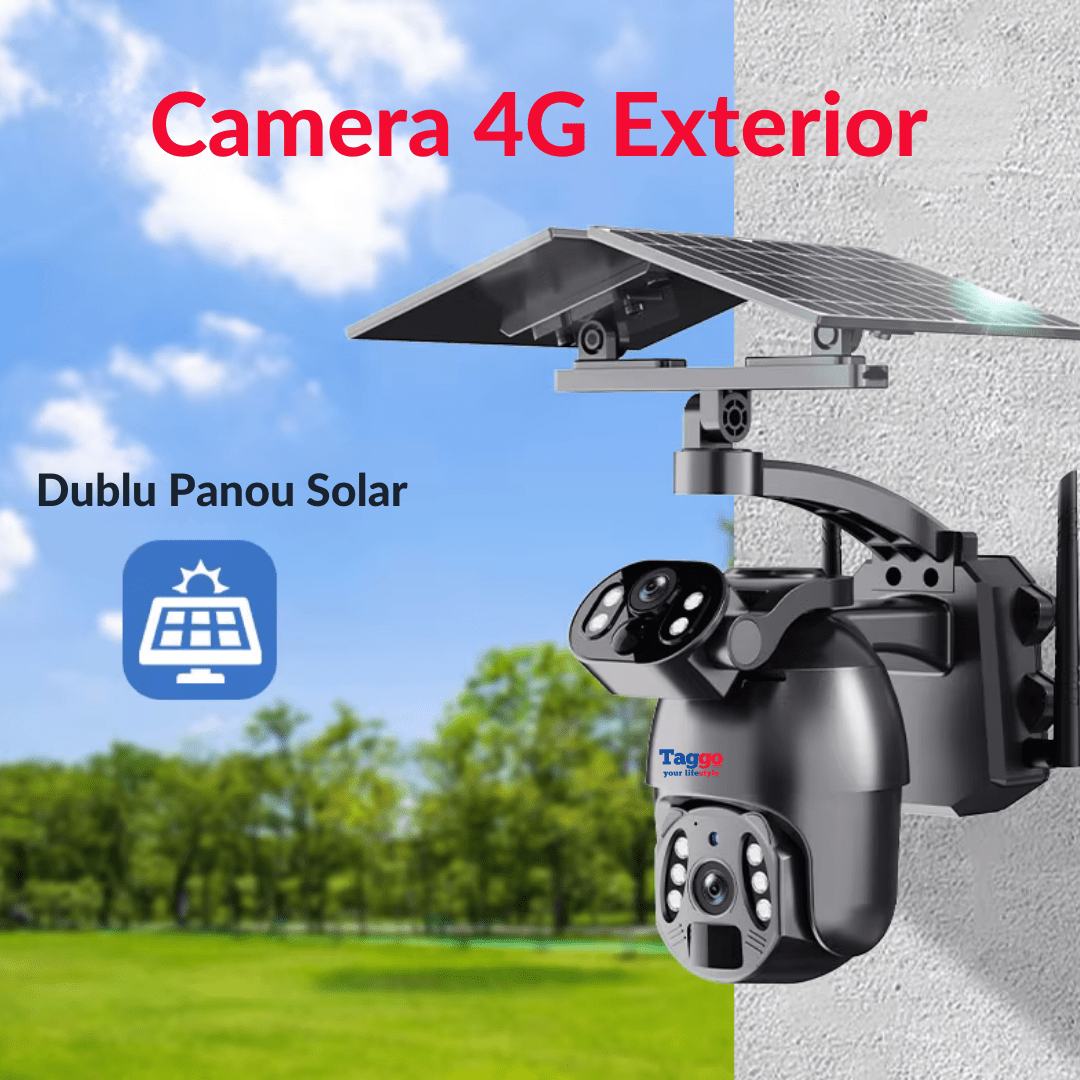 Camera supraveghere 4G Ultra HD Taggo.ro cu dual camera 6MP, incarcare solară, rotire din aplicație și rezistență IP66, în aer liber.