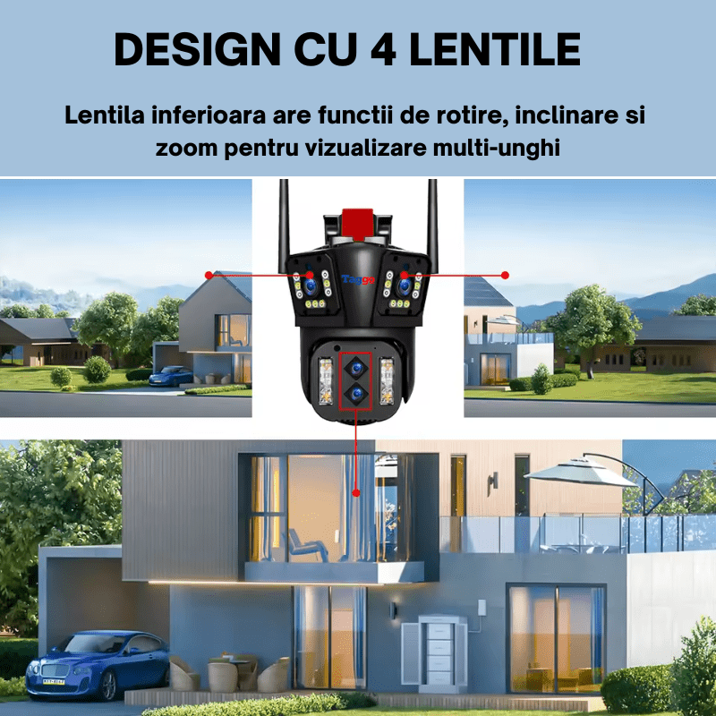 Camera de supraveghere Taggo cu zoom 10X, WIFI 8K, 16MP, 4 lentile, control din aplicație și urmărire automată.