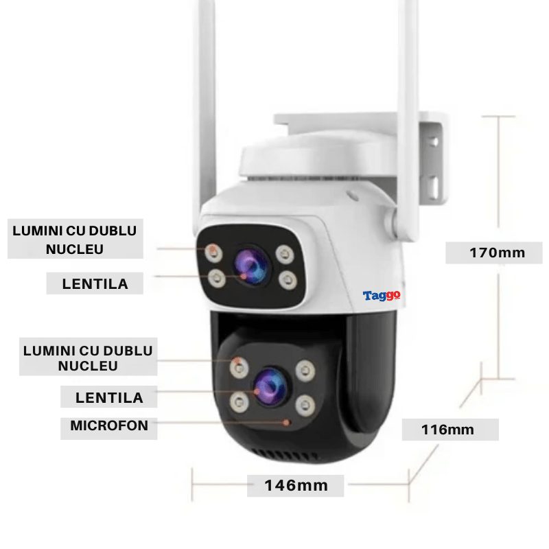 Camera de supraveghere WiFi VSTARCAM cu două lentile HD 6 MP, vedere nocturnă, detectare mișcare și audio bidirecțional.