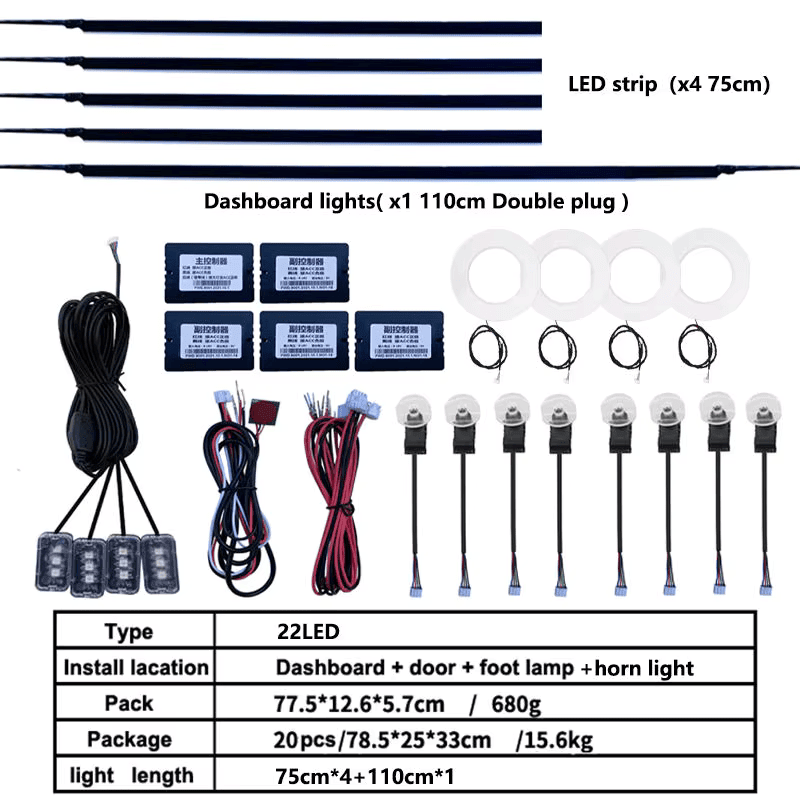Kit lumini ambientale RGB 12V pentru interior auto Taggo, cu 64 culori, control Bluetooth, iluminare bord, uși și podea.