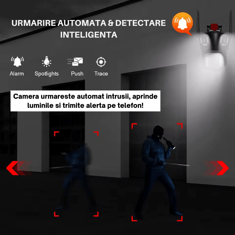 Camera de supraveghere Taggo cu zoom 10X, WIFI 8K, 16MP, 4 lentile, control din aplicație și comunicare bidirecțională.
