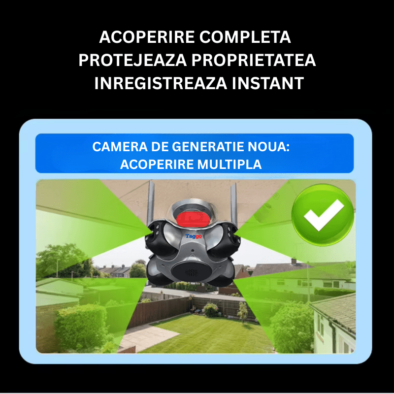 Camera de supraveghere WiFi 8K Taggo cu 4 lentile PTZ, detectie mișcare, alarmă sonoră și control din aplicație, IP66 rezistentă