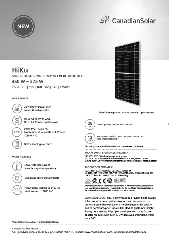 Panou Fotovoltaic Monocristalin Canadian Solar 370 W, CS3L-375MS, PERC, HiKu - Taggo.ro