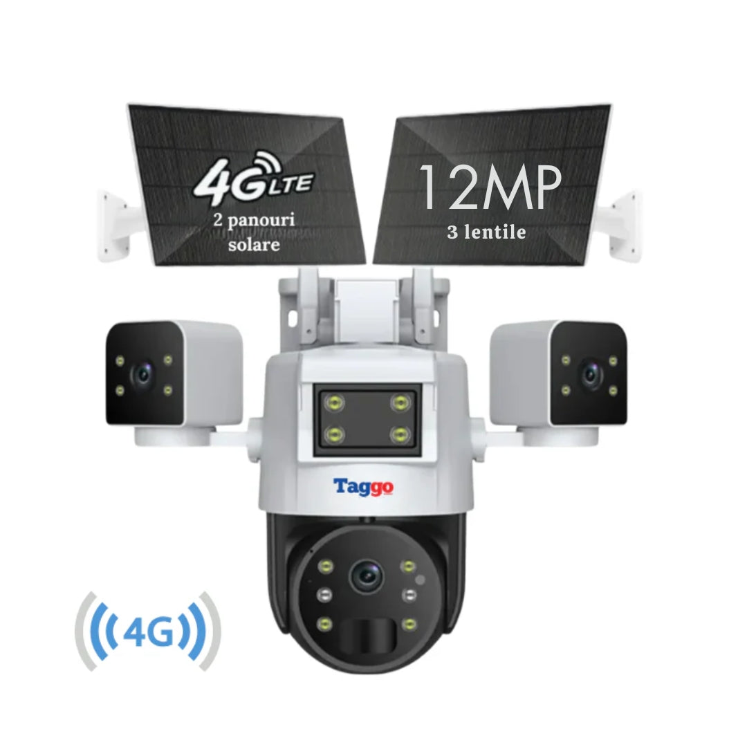 Camera de Supraveghere, Crocodil, Solara 4G, Inteligenta cu 3 Lentile Rotative, Viziune Nocturna Color si Infrarosu, Urmarire Automata si Control de la Distanta - Taggo.ro