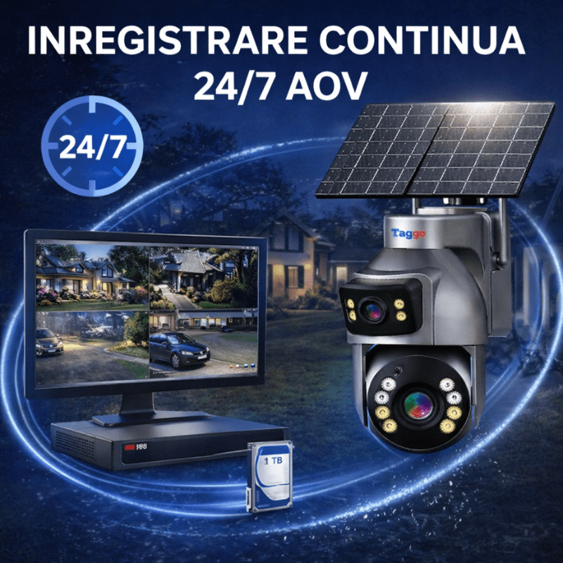 Camera Supraveghere cu Panou Solar Dublu TAGGO pentru exterior, conexiune 4G 4K, Inregistrare Continua AOV, Zoom Optic 36x - Taggo.ro