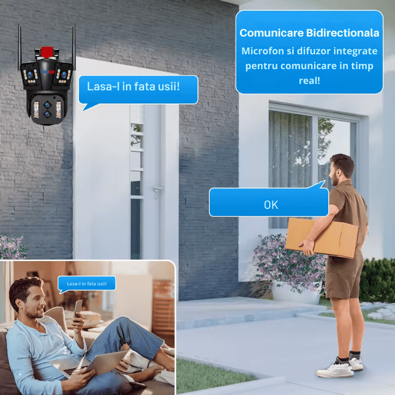 Camera de supraveghere Taggo cu zoom 10X, WIFI 8K, 16MP, 4 lentile, control aplicatie și urmărire automată.