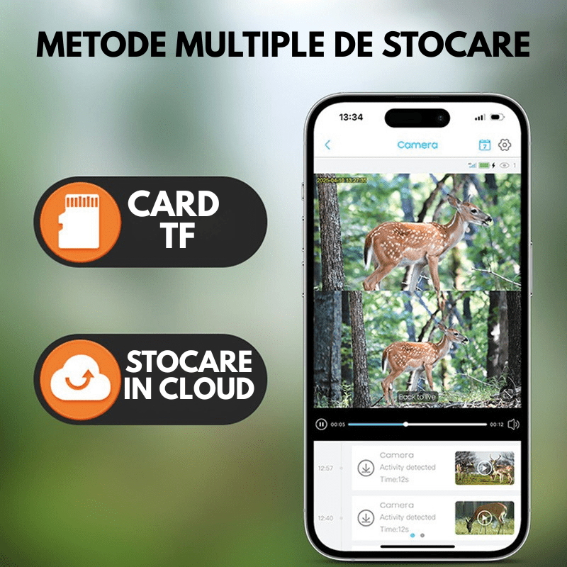 Camera de vânătoare camouflage Taggo.ro cu rezoluție 6MP, zoom 12X, conexiune 4G și control din aplicație, IP66.
