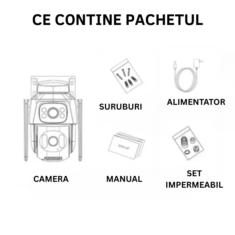 Camera de supraveghere WiFi VSTARCAM cu două lentile HD 6 MP, vedere nocturnă, IP66, audio bidirecțional și detecție mișcare.
