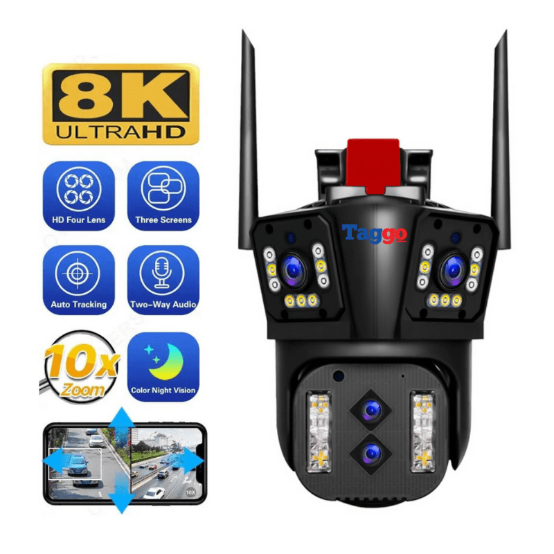 Camera de supraveghere Taggo cu zoom 10X, WIFI 8K, 16MP, 4 lentile, control din aplicație și urmărire automată.