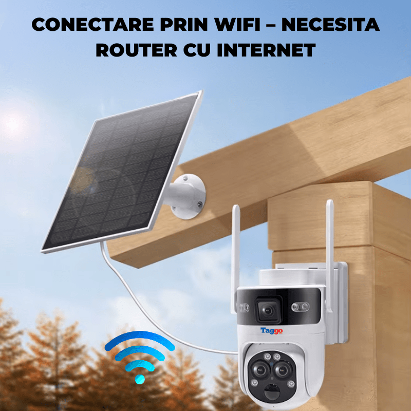 Camera de supraveghere Taggo WiFi cu rezoluție 6MP, zoom 15x, lentile multiple, vedere nocturnă, incarcare solară, exterior.