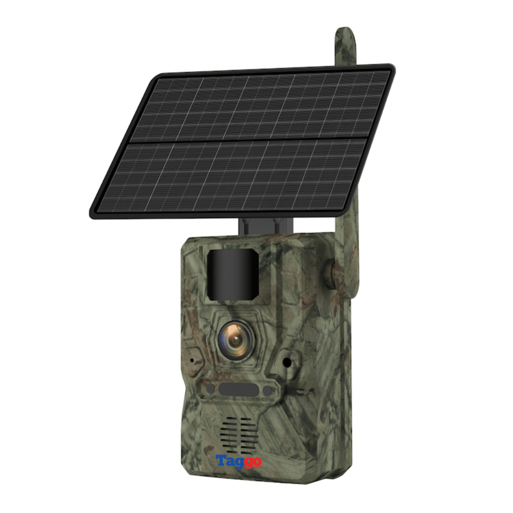 Camera de supraveghere solară 4G Taggo.ro cu GPS, 16MP foto, 4MP video, panou solar 4W și detectie de mișcare.