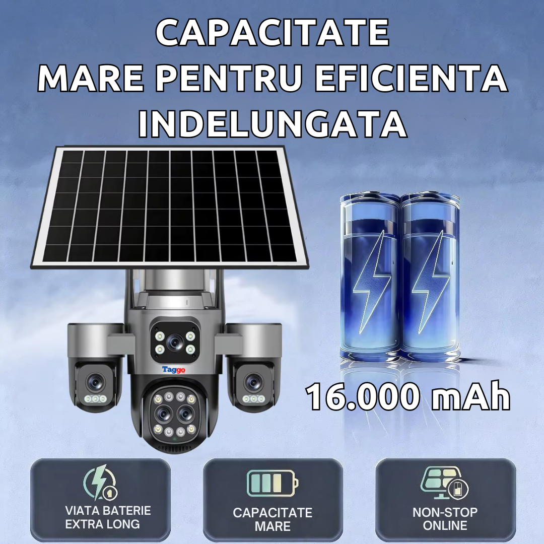 Camera de supraveghere 4G cu dublu panou solar 18X ZOOM, 20MP, 5 lentile, functie AOV, comunicare bidirectionala, detectie umana AI