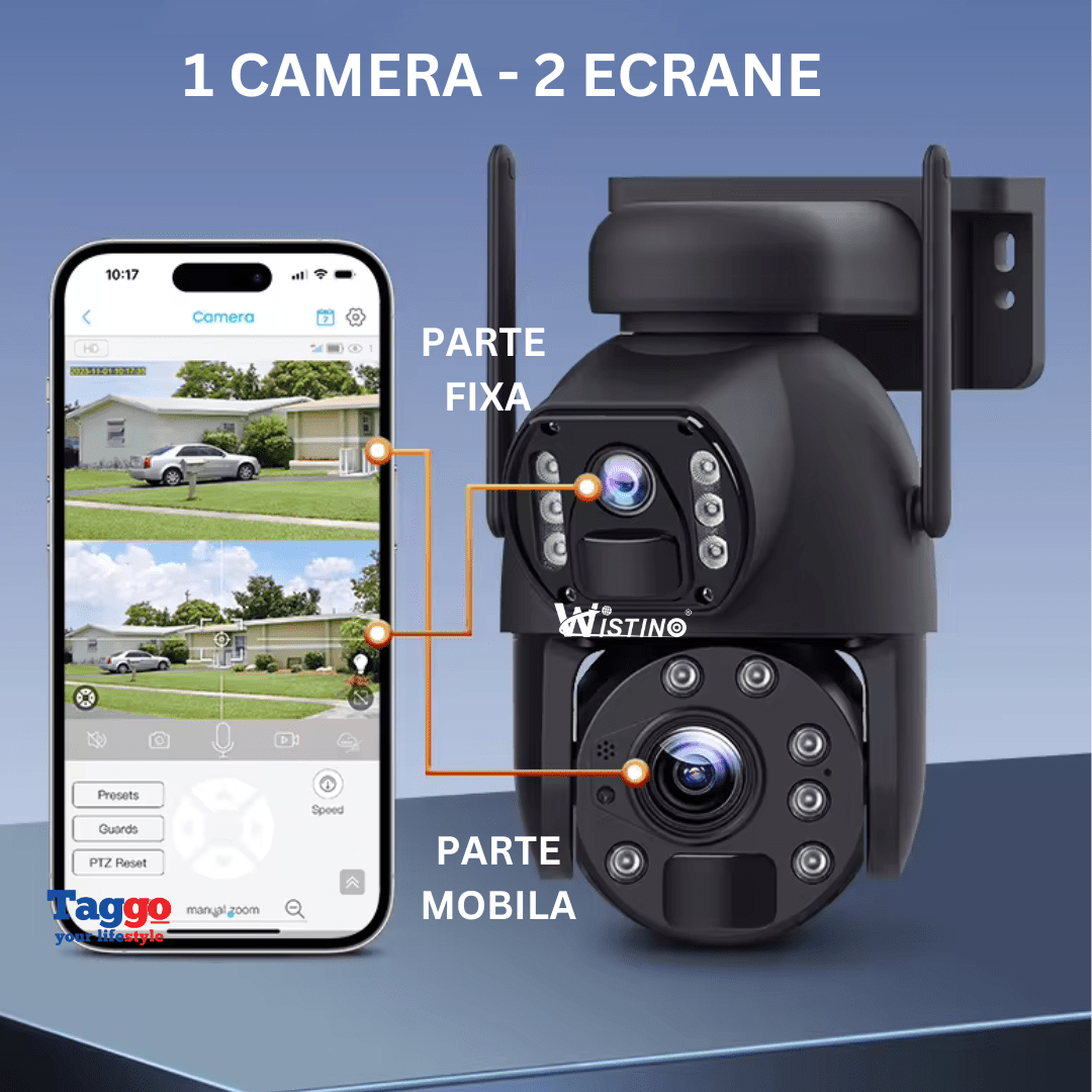Camera supraveghere 4G Taggo.ro, 3K Ultra HD, zoom 50X, dual camera, incarcare solară, rotire din aplicație, rezistență IP66.