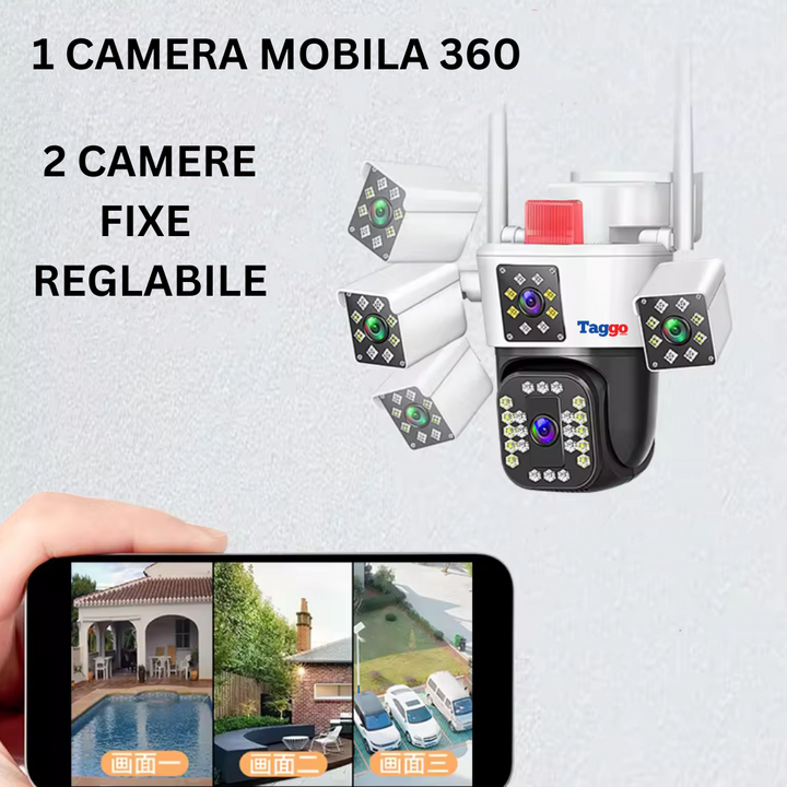 Camera de supraveghere WIFI 6K, 12MP, 3 lentile, Control din aplicatie, Comunicare bidirectionala, Urmarire automata, Multi lens - Taggo.ro