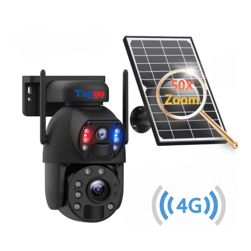 Camera de supraveghere 4G 4K Ultra HD, zoom 50X, duală, alimentare solară, rezistentă la apă IP66, rotire din aplicație, Taggo.ro