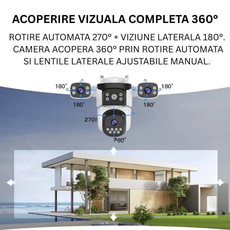 Camera de supraveghere WIFI 4K Taggo cu 9MP, 3 lentile, control aplicație, comunicare bidirecțională și urmarire automată.