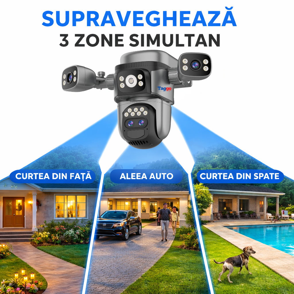 Camera de supraveghere WIFI Taggo, 12MP, panou solar, zoom 10x, nocturnă, detectie PIR, rezistentă la apă, 4 lentile, bidirecțională