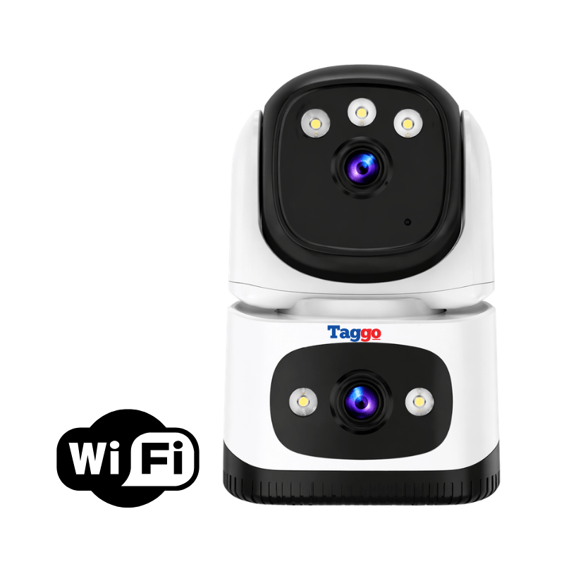 Camera supraveghere interior Taggo cu WiFi, 2 lentile, rezoluție 6MP, detectare persoane și vedere pe timp de noapte.