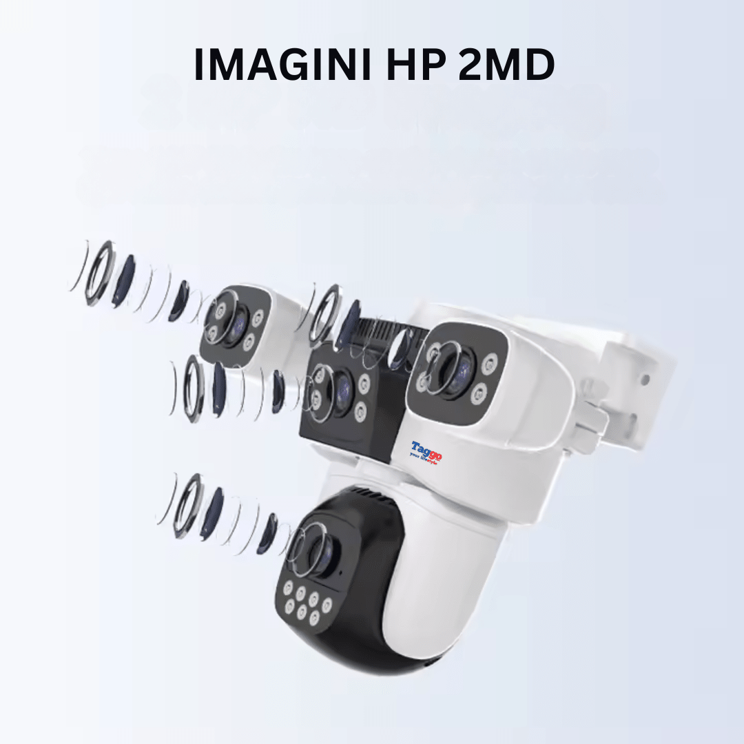 Camera supraveghere WiFi Taggo.ro cu 12MP, patru lentile HD, vedere panoramică 360° și audio bidirecțional.