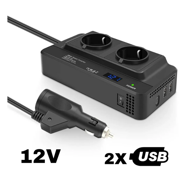 Invertor 400w 12V, Priza EU Dubla 230V, Putere 400W, 2 x Porturi USB + Port TYPE C , 5.4A, Suport PD, Afisaj Digital - Taggo.ro