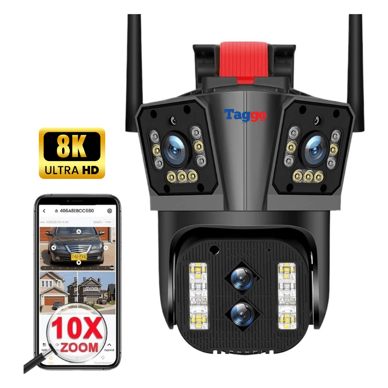 Camera de supraveghere Taggo cu zoom 10X, WIFI 8K, 16MP, 4 lentile, control din aplicație și urmărire automată.